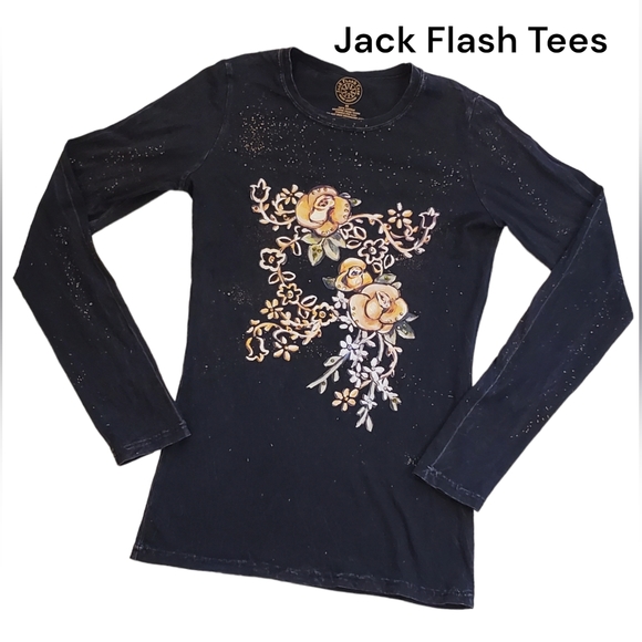 Jack Flash Tee Floral Bling Black Roses Bend Oregon Medium - Picture 1 of 12